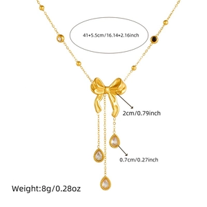 Collier en acier doré avec nœud, pampilles gouttes et mesures détaillées