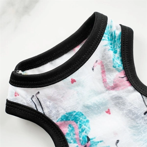 Close-up of breathable mesh fabric and black ribbed neckline on pet summer vest