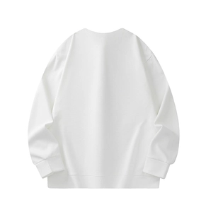Flat lay of a heavy-weight 350g white crewneck sweatshirt with ribbed cuffs and hem