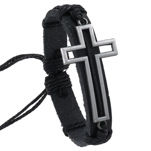 Men's handmade braided black leather bracelet featuring a vintage silver alloy cross charm