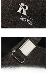 Detail of adjustable metal buckle and embroidered R logo on a textured baseball cap