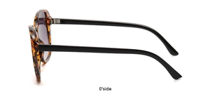 Detailed 0-degree side view of tortoise shell sunglasses with sleek black temples