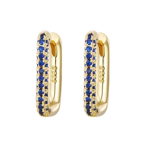 Luxury 925 sterling silver huggie earrings with gold plating and dark blue zircon stones
