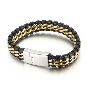 Men's titanium steel woven leather bracelet with tricolor gold black silver metal links