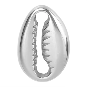 Detailed macro view of silver hollow cowrie shell pendant charm in stainless steel