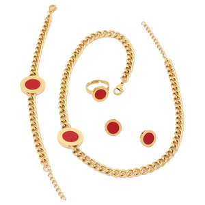 Vintage Stainless Steel Jewelry Set Round Geometric Enamel Cuban Chain Necklace Bracelet Earrings Ring For Women Jewelry