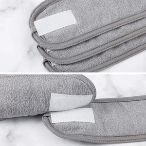 Gray terry cloth headband with hook and loop fastener for makeup and skincare routine