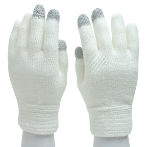 Detail of white knit gloves with grey touchscreen tips and ribbed elastic cuffs
