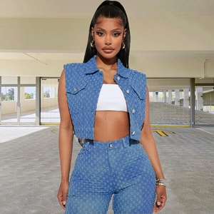 Women Distressed Denim Vest Cropped Hollow Out Sleeveless Jacket Cotton Denim Streetwear Button Down Lapel Top