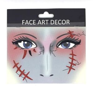 Halloween bloody wound face art stickers with red glitter spider web and stitch designs