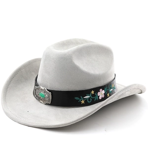 Detail of grey suede cowboy hat with floral embroidery and turquoise silver buckle