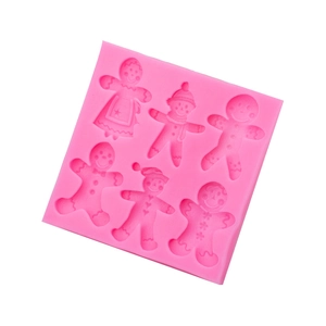 Pink silicone gingerbread man mold with six cavities for DIY chocolate or fondant baking