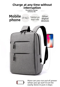 Detail of grey waterproof laptop backpack with external USB charging port for devices