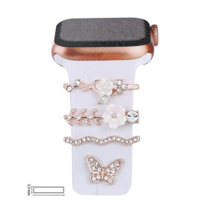 Rose gold watch strap charms with rhinestones and floral pearl decorative studs