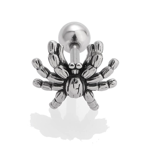 Detailed macro view of retro silver spider stud earring with spherical screw back