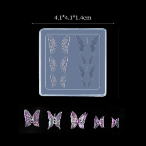 Macro detail of butterfly silicone nail art mold showing 4.1x4.1cm size and resin results