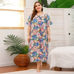 Plus Size Women Nightgown Floral Print Lace Trim Bow Short Sleeve Stretchy Sleepwear Home Dress Midi Length