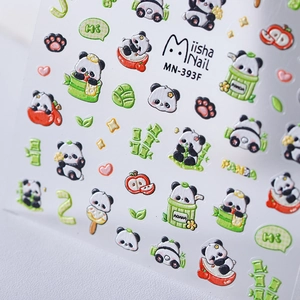 3D embossed panda nail art stickers with bamboo and hearts, model MN-393F