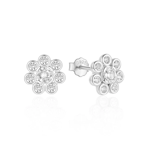 Detailed view of S925 sterling silver flower stud earrings with sparkling cubic zirconia