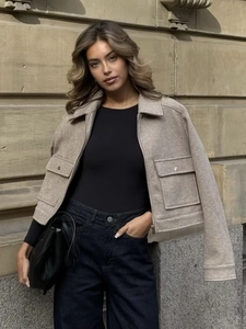 Damen Tweed Jacke Kurze Wollmantel Reißverschluss Mit Taschen Eleganter Revers Streetwear Herbst Oberbekleidung