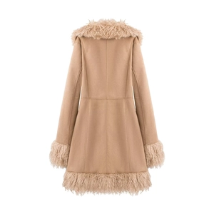 Back view of camel suede jacket with faux fur trim on collar, cuffs and hem