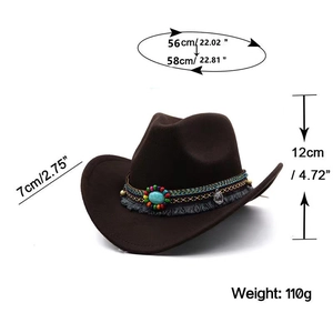 Chapeau de cowboy en feutre marron foncé avec ruban ethnique perlé et turquoise