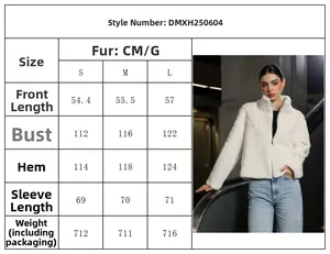 Size chart for faux fur high collar coat with chest and sleeve length measurements