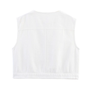 Detailed back view of white denim vest showing premium twill fabric and stitch lines