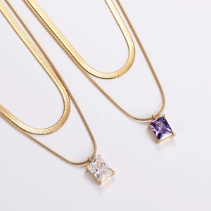 Double layered 18K gold plated snake chain necklace set with rectangular zircon pendants