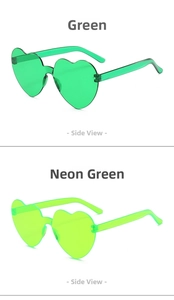 Side view of heart-shaped rimless sunglasses in teal and neon green vibrant colors