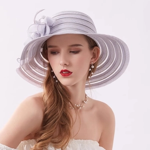 Women Elegant Organza Sun Hat Wide Brim Mesh Flower Decor Breathable Beach Church Party Wedding Dress Retro Fashion