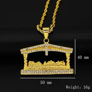 Gold-plated hip hop The Last Supper pendant with cubic zirconia and rope chain