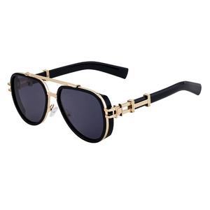 Vintage punk aviator sunglasses with black frames and gold metal double bridge design