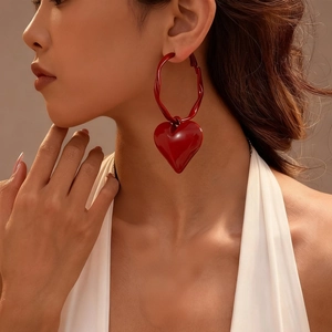 Red Heart Hoop Earrings With 925 Sterling Silver Earring Post Vintage Geometric Oil Drop Jewelry For Women