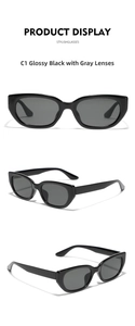 Detailed views of C1 vintage rectangular sunglasses with glossy black frames and grey lenses