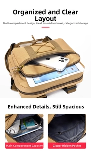 Internal compartments of khaki tactical chest bag showing storage for tablets and phones