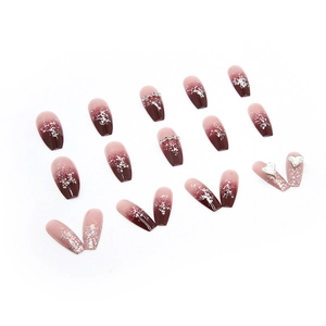 Long trapezoid press-on nails with burgundy gradient, glitter and silver heart charms