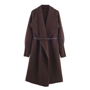 Fashionable dark brown belted knit wool coat with retro lapels for women's autumn style