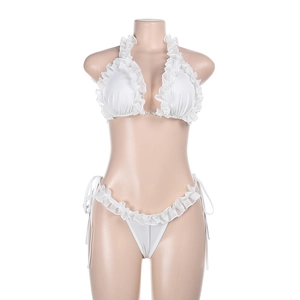 Detailed view of white ruffled bikini set featuring halter neck top and side-tie bottoms