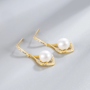 Elegant S925 silver waterdrop pearl earrings with gold finish and zircon stones