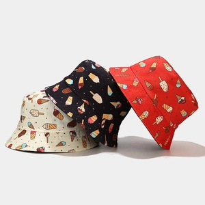 Bucket Hat Cotton Cartoon Ice Cream Dessert Print Sun Protection Summer Travel Cute Korean Style Fishermans Cap Women