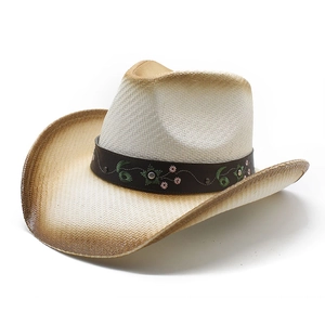 Straw cowboy hat with floral embroidery and scorched brim shown from 45-degree angle