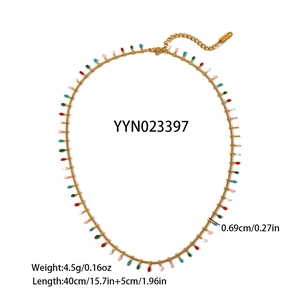 Detail showing colorful oil drop pendants on gold chain with size and weight specs