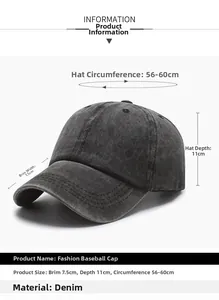 Detail view of washed dark gray denim baseball cap with size specs and 6-panel design