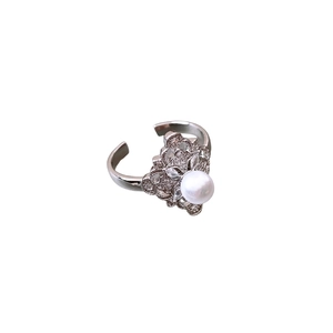 French style flower pearl open ring with zircons in vintage silver finish for women