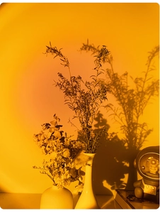 Sunset projection lamp lighting effect on a minimalist ceramic vase and astronaut decor