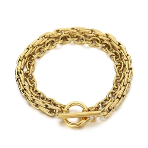 Double-layered gold stainless steel cuban chain bracelet with paperclip links and toggle clasp