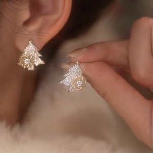 Rotating Christmas tree earrings with sparkling zircons and S925 silver needles