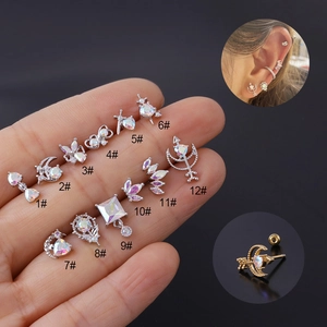 Silver stainless steel 20G cartilage studs with colorful zircons in 12 assorted shapes