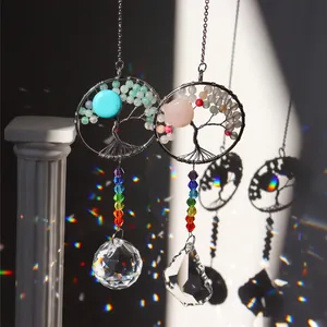 Rainbow crystal suncatcher with tree of life wire wrap pendant and colorful beads